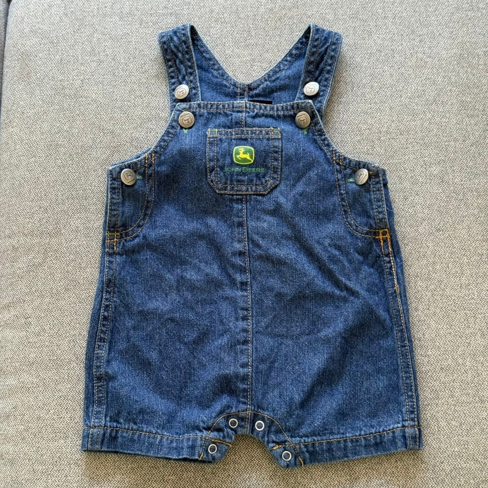 John Deere Baby Boys Blue Denim Shortall Overalls Logo 6/9M
